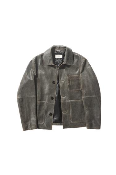 Zara CRACKLE EFFECT LEATHER JACKET - Dark brown