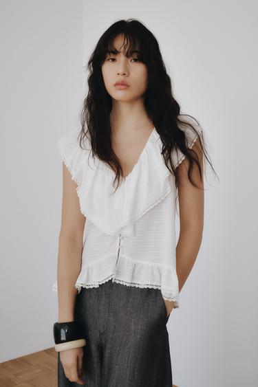 RUFFLED LACE TRIM BLOUSE - White by Zara