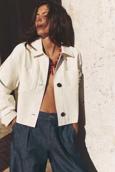 Zara LINEN BLEND SHORT JACKET - Ecru