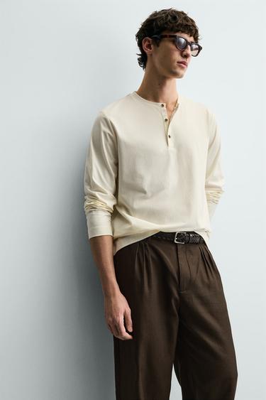 T-SHIRT SOFT À COL TUNISIEN - Blanc cassé de Zara - Image 4