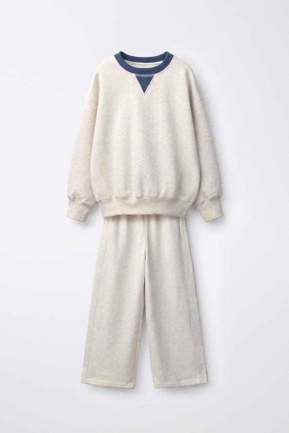 COLOUR BLOCK SWEATSHIRT AND WIDE-LEG TROUSERS SET - Pearl grey by Zara - Image 0