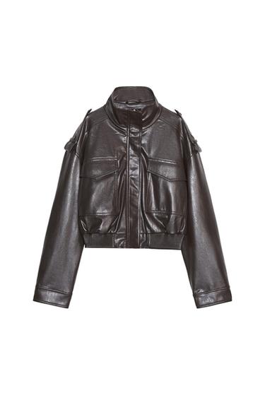 Dark brown faux leather bomber jacket. Features a high neck,
front flap pockets and an elasticated hem, on a white background.