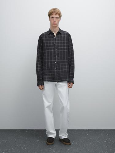 Zara 100% linen regular fit check shirt - Navy blue - Image 0