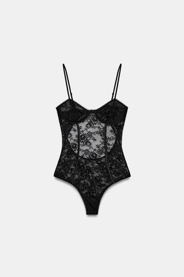 Zara LACE OPEN-BACK BODYSUIT - Black