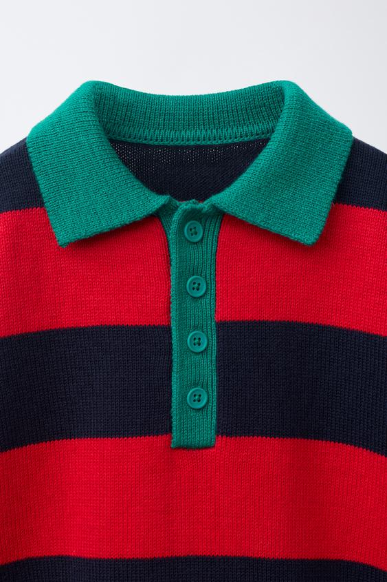 Zara 條紋針織 POLO 衫 - 紅色/海藍色 - 圖片 0