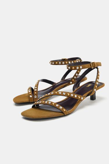 SPLIT SUEDE STUDDED KITTEN HEEL SANDALS - Olive Green by Zara - Image 2