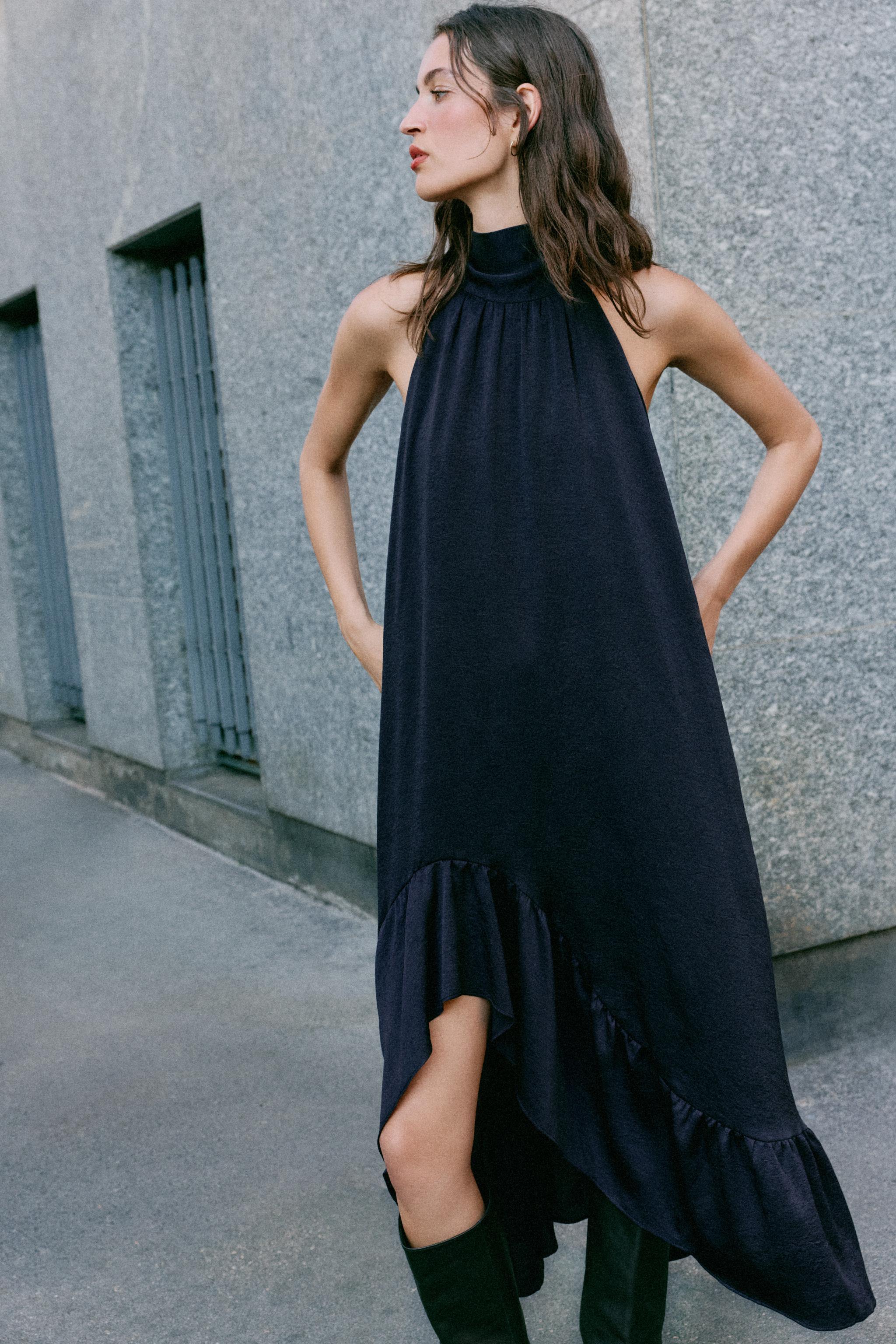 ROBE MI-LONGUE HALTER VOLANT BAS