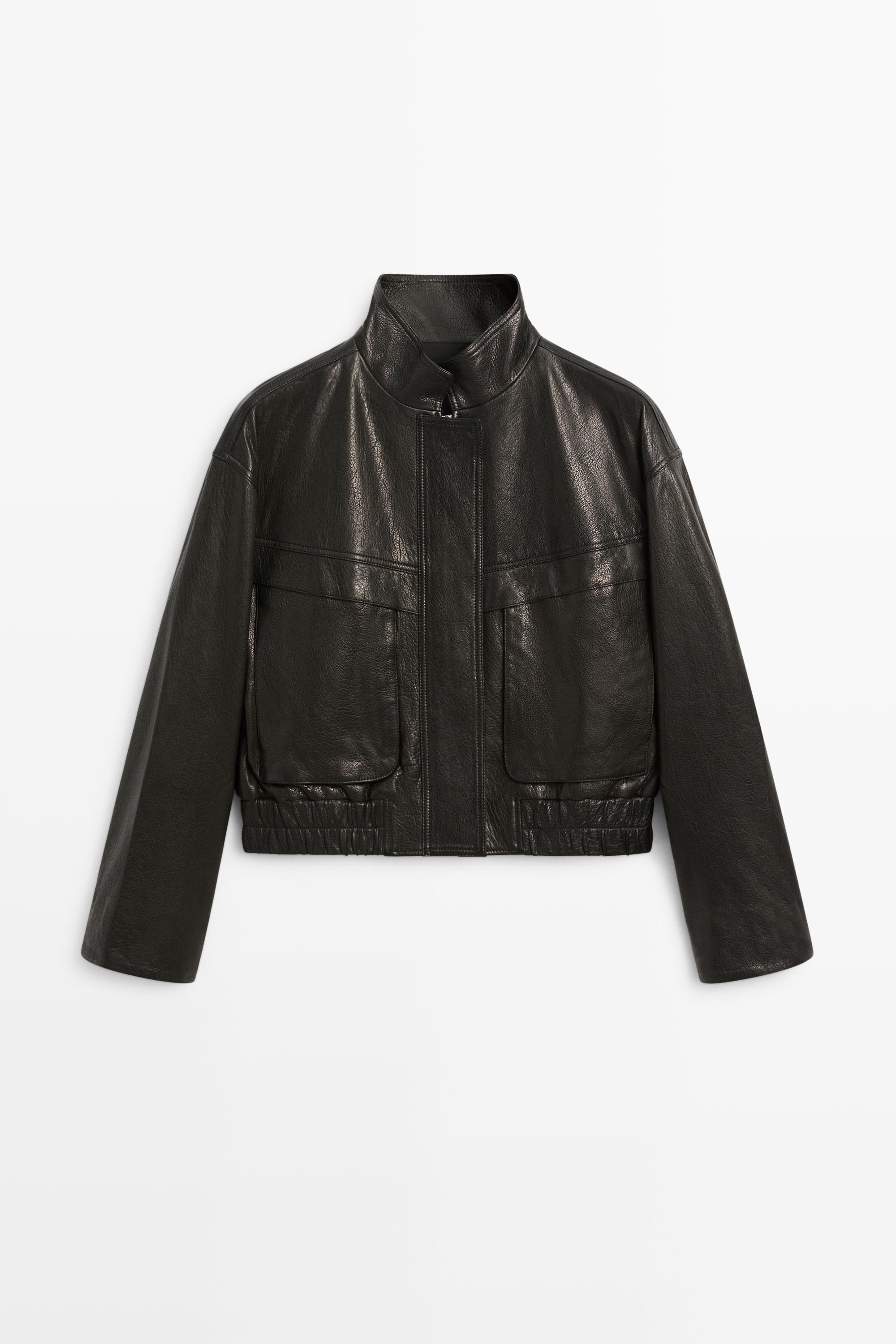 Cropped stand-collar nappa leather jacket — Black