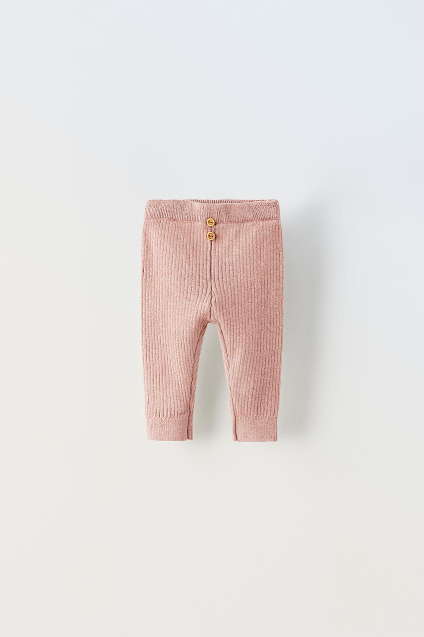 BUTTON RIBBED LEGGINGS - Pink marl
