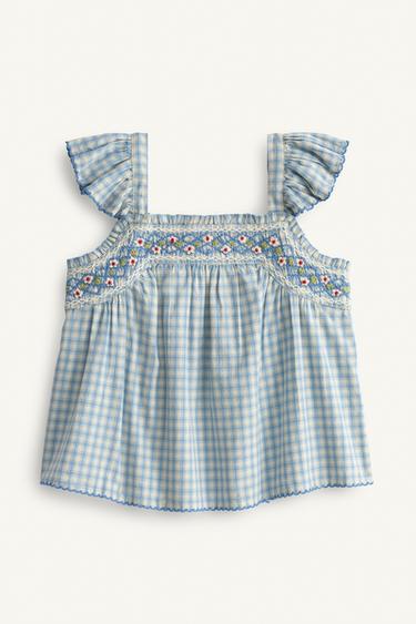 Zaras TOPP MED BRODERADE RUTOR LIMITED EDITION - Blå/vit