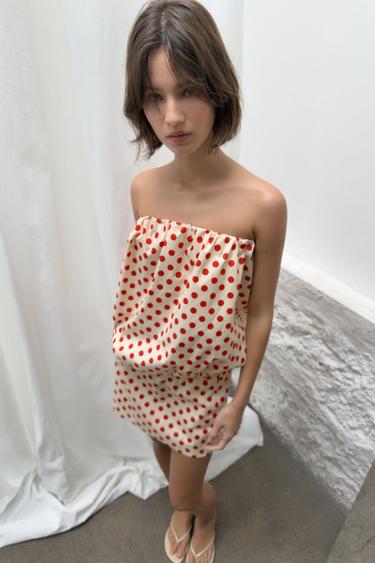 OFF-THE-SHOULDER POLKA DOT DRESS - Ecru / Red by Zara