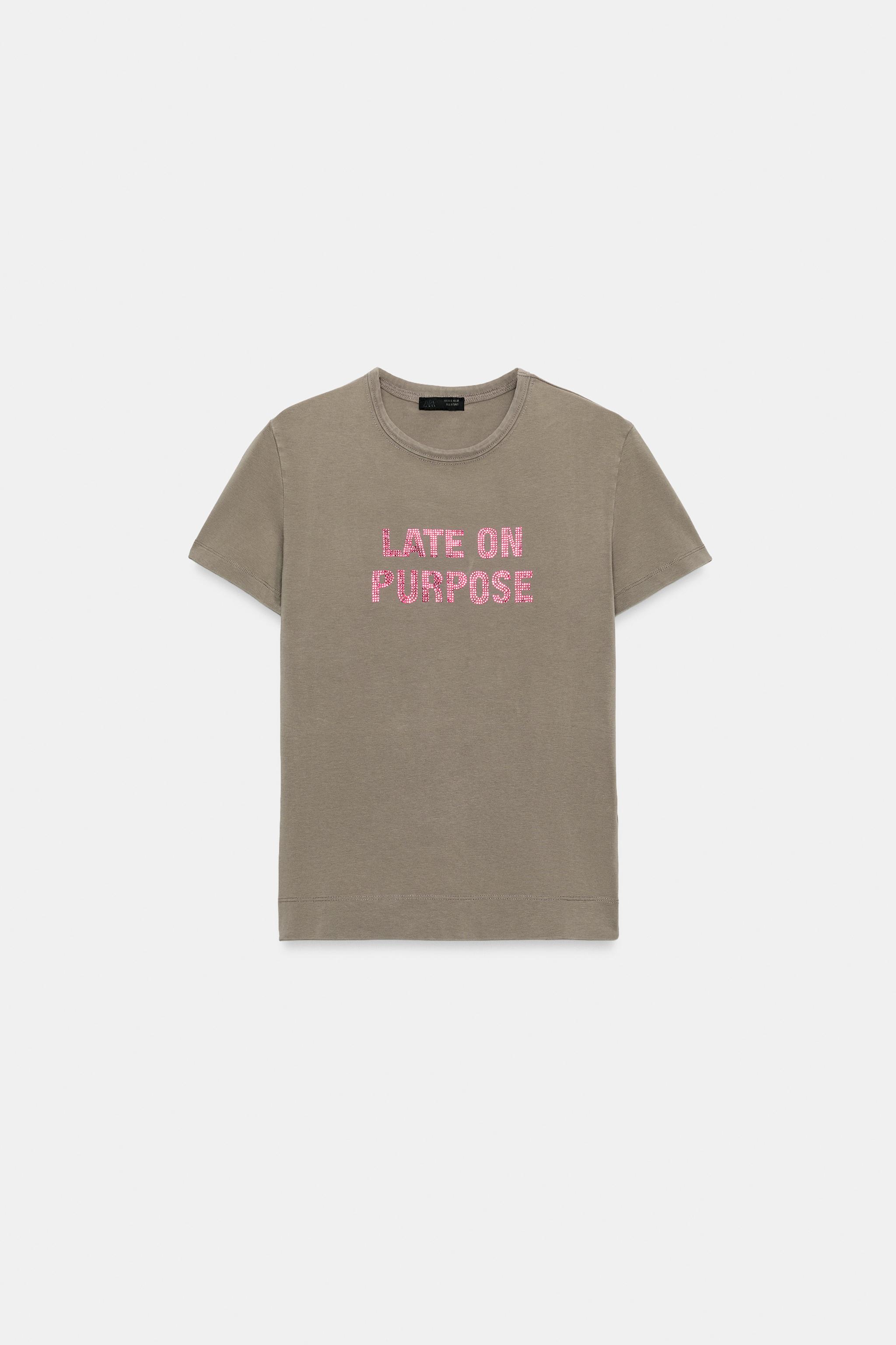 ウォッシュ加工ラインストーンテキストTシャツ - カーキ | ZARA Japan