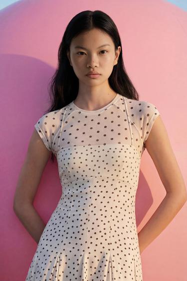 Zara 圓點繞頸中長版洋裝 - 白色 / 黑色