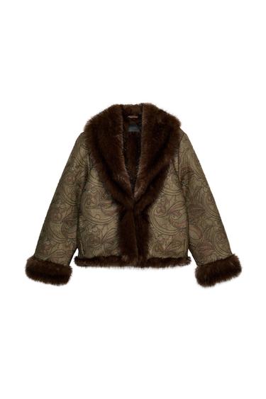 Front view of a dark khaki short coat with embroidery, lapel collar and brown fur details. Long sleeves and front pockets.