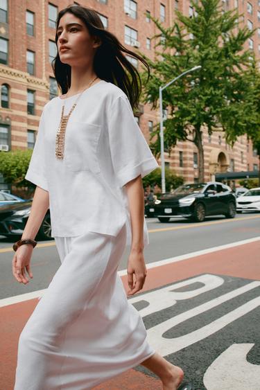 Zara 100% LINEN BLOUSE WITH POCKET - ZW COLLECTION - White