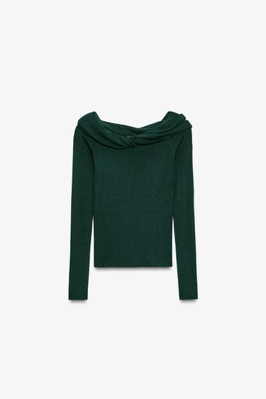 Zara OFF-THE-SHOULDER KNIT SWEATER - GREEN