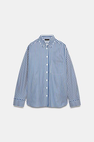 CHEMISE POPELINE À RAYURES - Bleu marine / Blanc de Zara