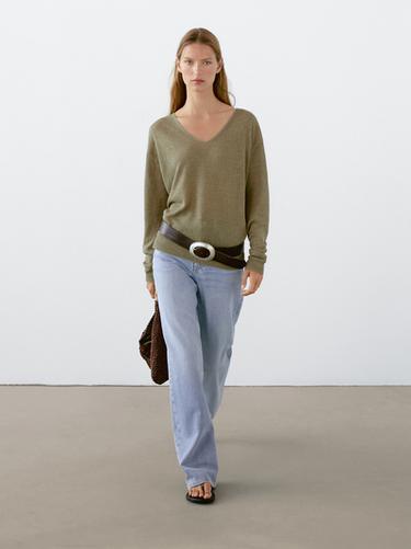 Zara 100% linen V-neck sweater - Greenish
