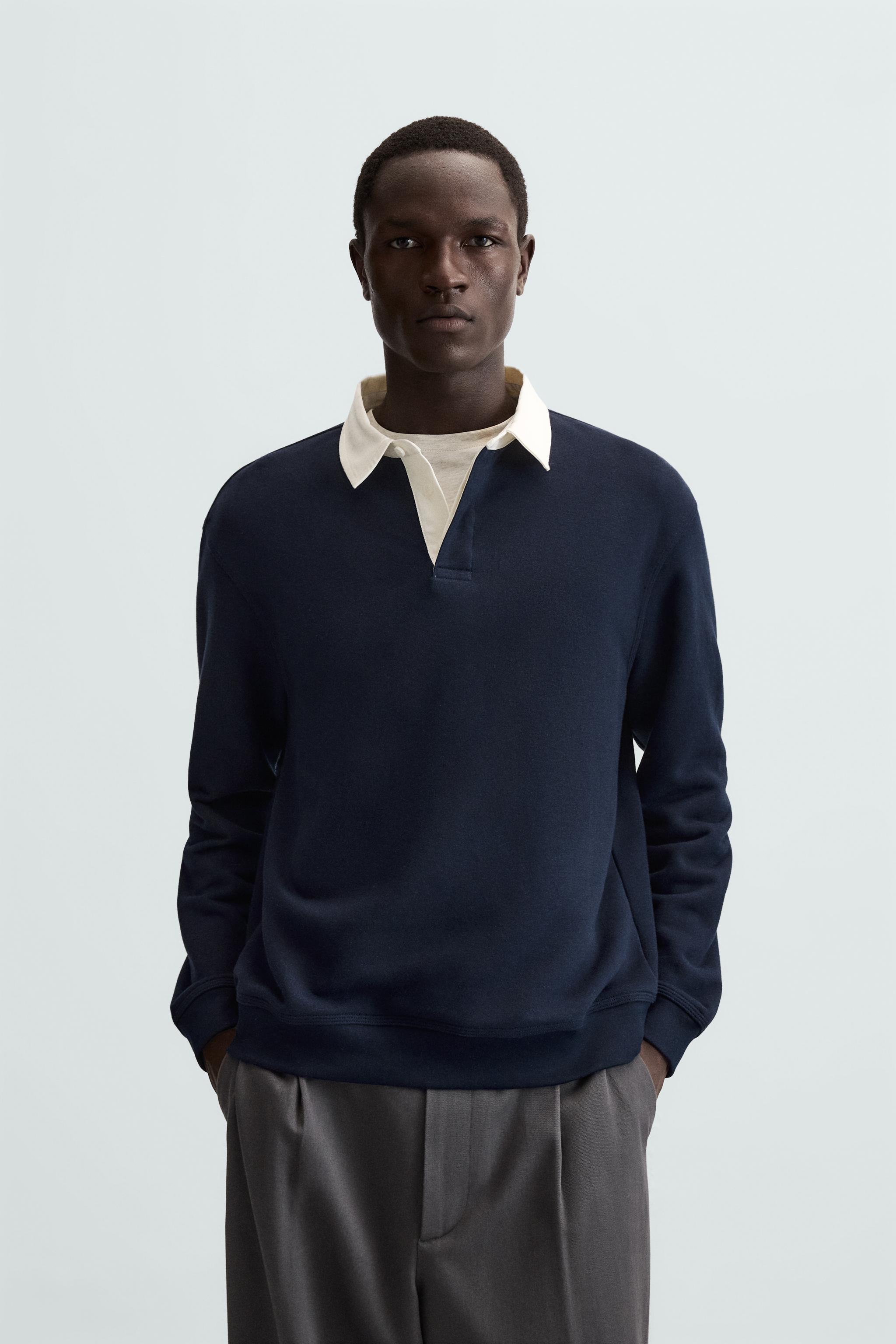 ★ZARA★ CONTRAST COLLAR POLO SWEATSHIRT CONTRAST COLLAR POLO SWEATSHIRT - Ecru / Navy | ZARA Australia