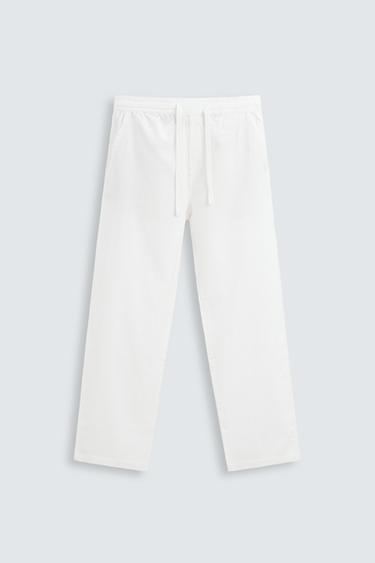 Zara COTTON LINEN RELAXED FIT PANTS - Oyster-white