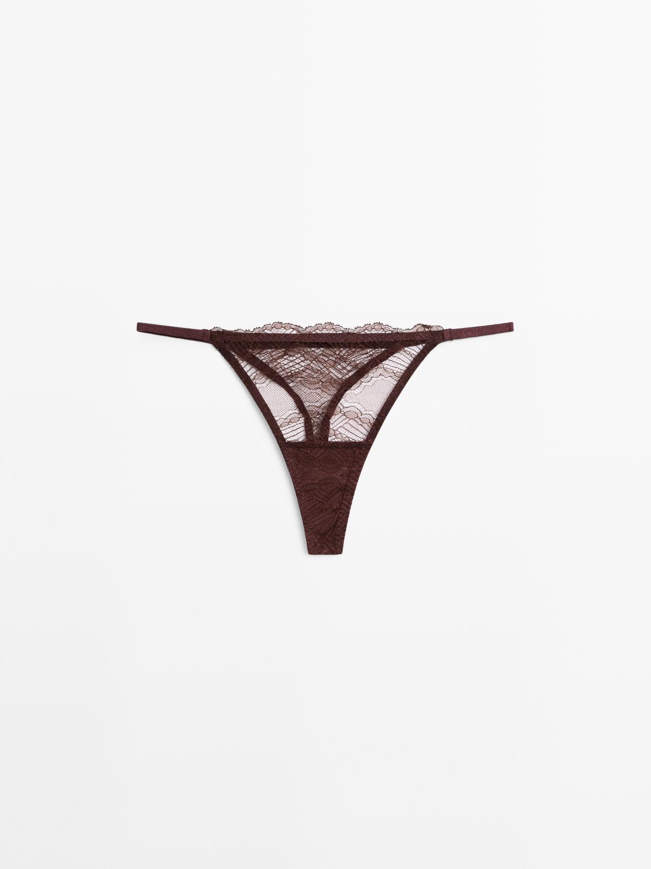 Scalloped lace thong — Mink marl