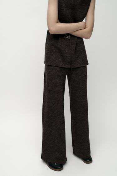 Zara WIDE LEG SOFT PIQUÉ PANTS - Brown marl