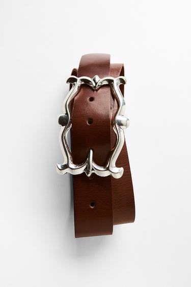 Zara 100% LEATHER BELT WITH ORGANIC BUCKLE - Brown