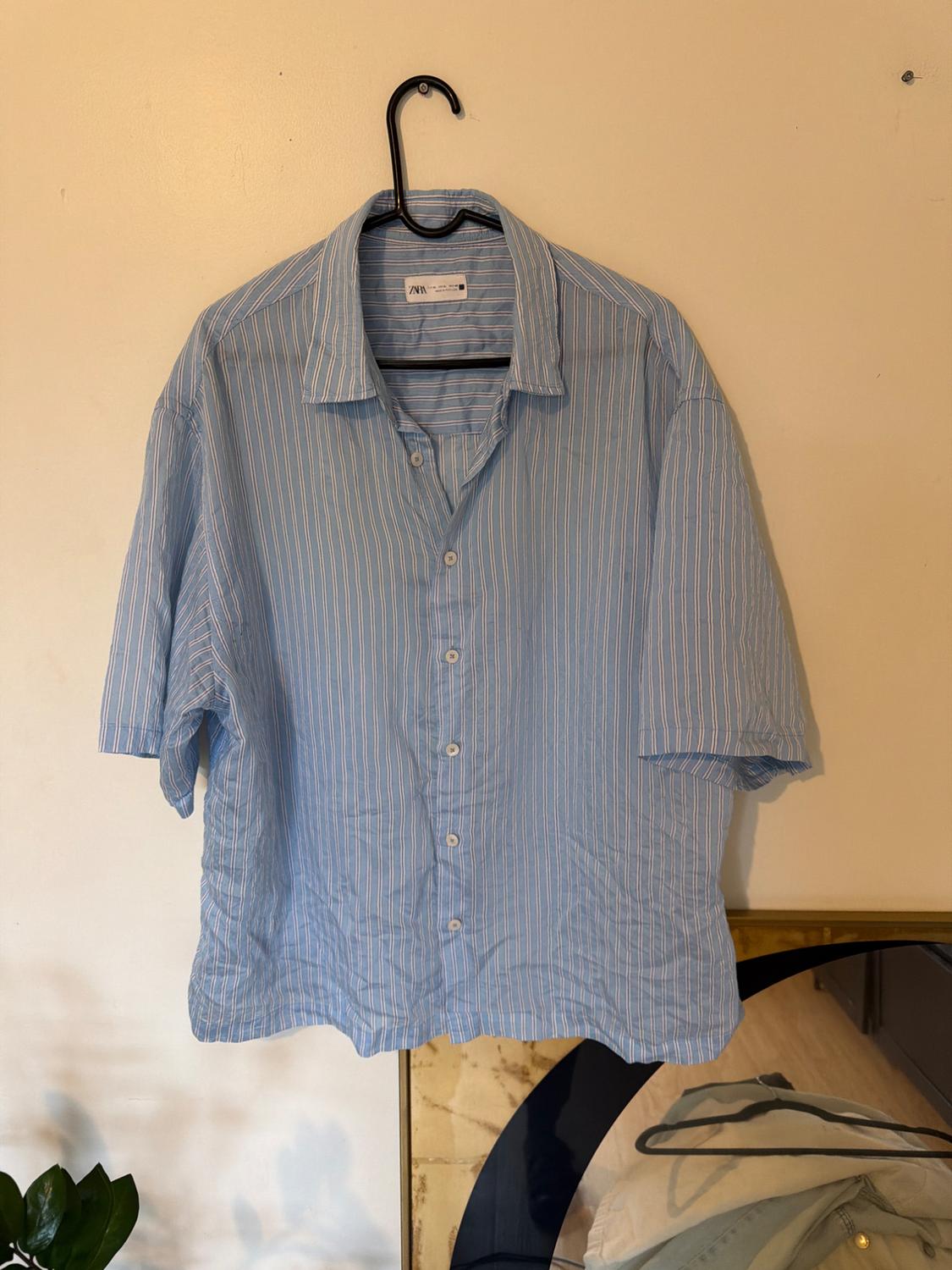 Blue and white striped shirt hanging on a black hanger against a beige wall. Bottom of a mirror and plant in the corner.
