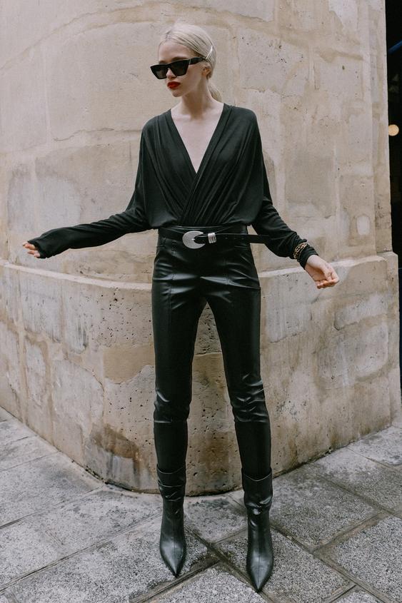 Zara FAUX LEATHER ZIP HEM PANTS - Black - Image 0