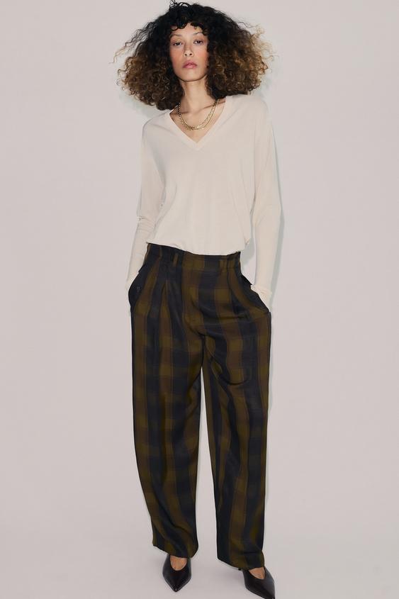 CALÇA FLUIDA XADREZ ZW COLLECTION - Caqui-escuro da Zara - Imagem 0