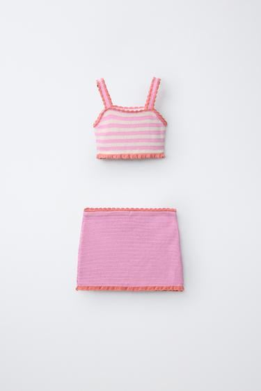 ENSEMBLE TOP ET PAREO EN MAILLE CROCHET FRUITS ET RAYURES - Rose de Zara - Image 1