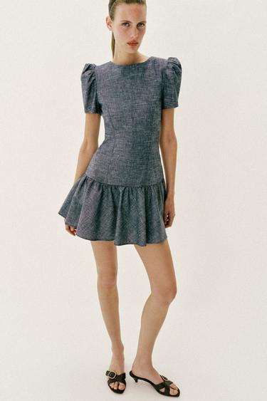 Zara PUFF SLEEVE MINI DRESS - Blue - Image 0