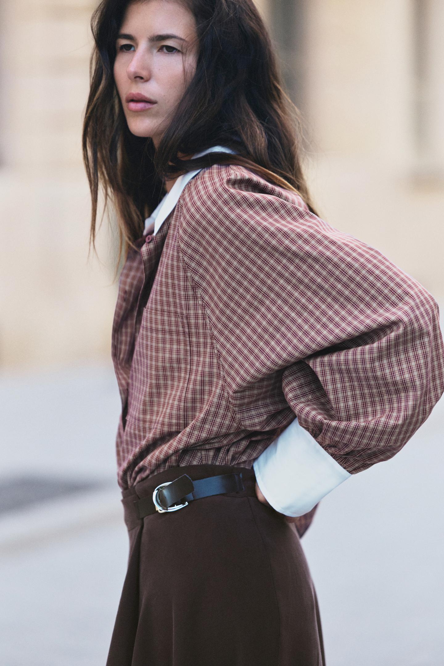 Женская рубашка Zara Combined Check, цвет: Тёмно-бордовый — фото 5