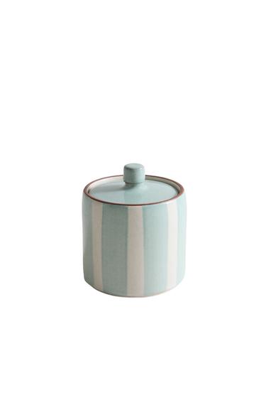 STRIPED CERAMIC BATHROOM ORGANISER JAR - أزرق / أبيض الخاص بـ Zara