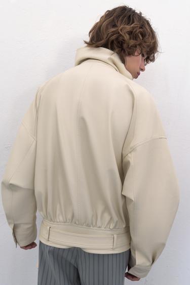 OVERSIZE LEATHER EFFECT BOMBER JACKET - Cream by Zara - Image 5