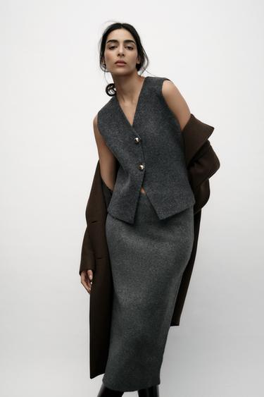 FALDA MIDI PUNTO LISO - Gris de Zara