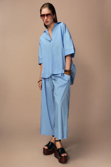 Zara ZW COLLECTION POPLIN PLEATED PANTS - Blue