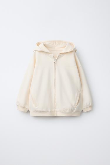 Zara SWEATER MAJICA S PATENTNIM ZATVARAČEM, INTERLOCK I RELJEFNIM TEKSTOM – mid-svijetlosmeđa