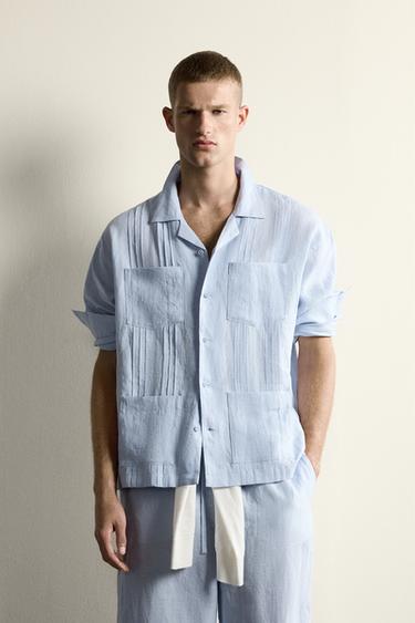 RELAXED FIT 100% LINEN PLEATED SHIRT - Sky blue by Zara