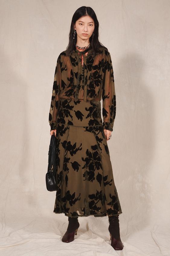 Zara LIMITED EDITION FLORAL DEVORÉ SKIRT - Dark olive - Image 0