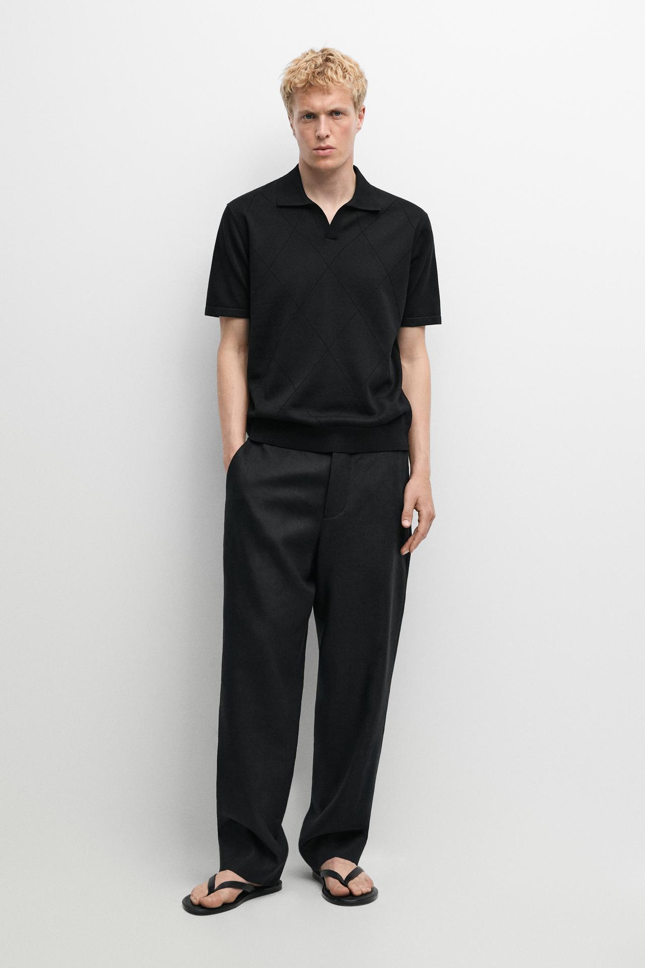 100% cotton intarsia knit polo shirt — Black