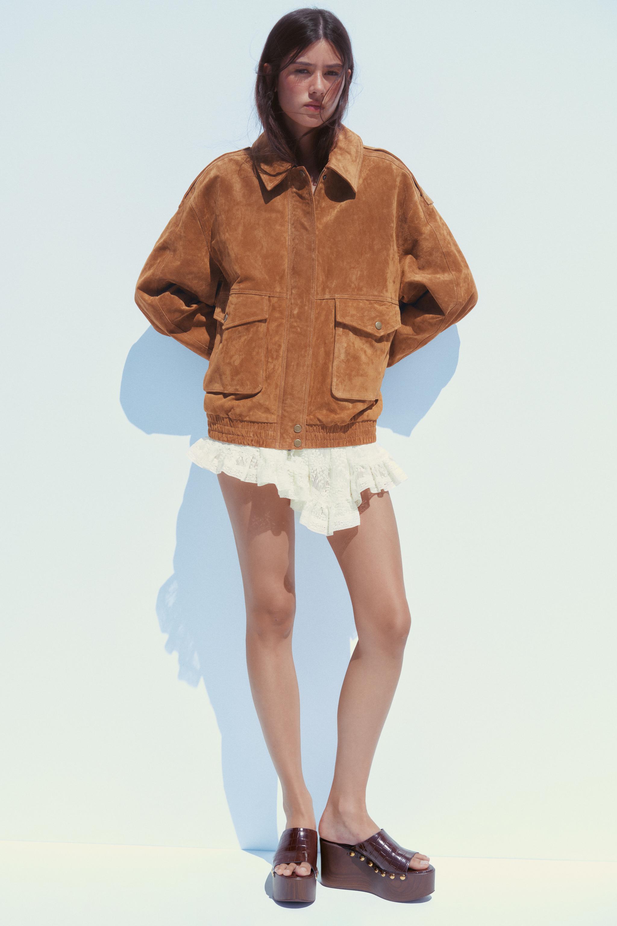 100% SUEDE LEATHER BOMBER JACKET WITH POCKETS Dark camel ZARA