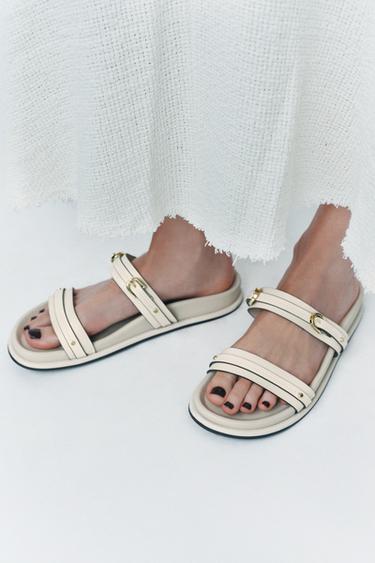 BUCKLED FLAT SLIDER SANDALS - Ecru White by Zara