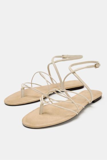 FLAT LEATHER STRAPPY SANDALS - Ecru White by Zara - Image 3