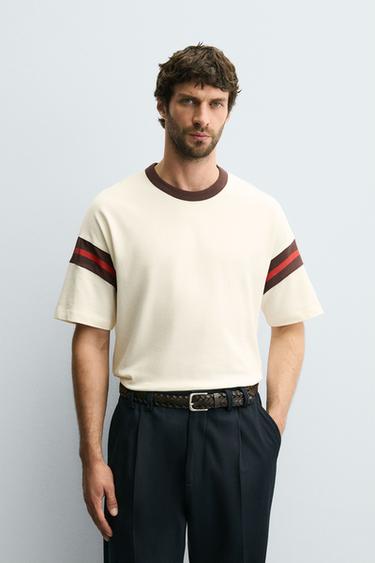 RIBBED T-SHIRT WITH STRIPES - Ecru by Zara