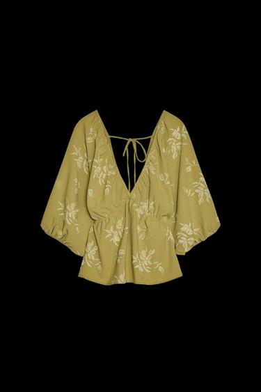 Zara JACQUARD TOP - Khaki - Image 0