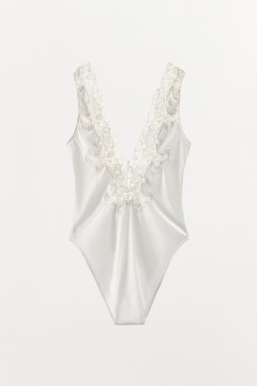 BODY SATINÉ BRODERIES DENTELLE - Blanc cassé de Zara - Image 6
