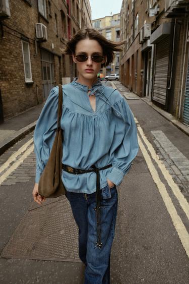 قميص OVERSIZE DENIM منسدل - أزرق وسط الخاص بـ Zara