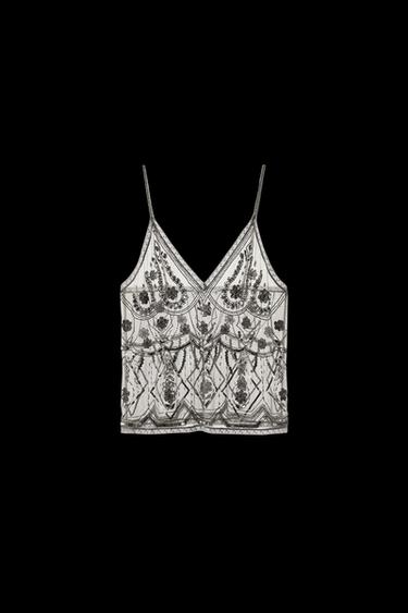 Zara TULLE BEADED SEQUIN TOP - Silver - Image 0