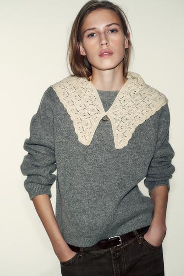 سترة محبوكة بوشاح مدمج - رمادي فيجوريه by Zara